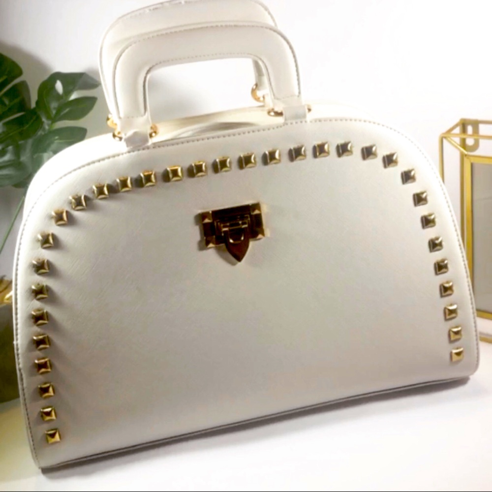 Gold-Studded White Satchel